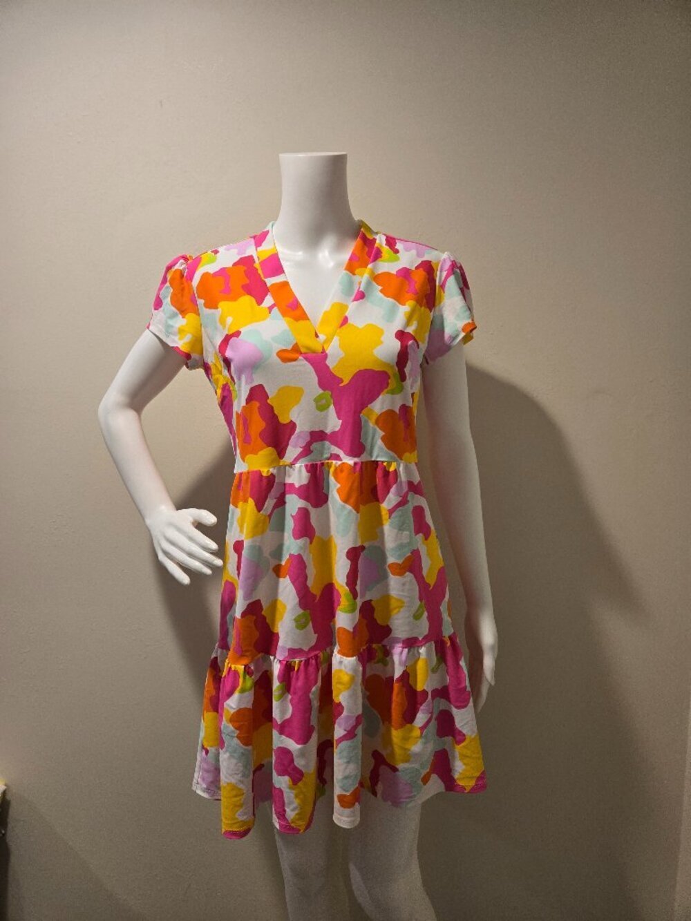 Jude Connally Ginger Tiered Floral Abstract Dress Pink Orange XS